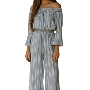 WALTER BAKER Milan Jumpsuit sz XL Blue w/White Stripe Crop‎ Wide Leg W2664
